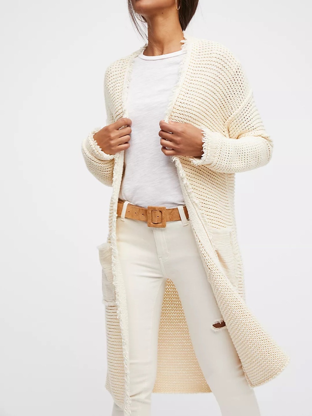 Free People Woodstock Longline Frayed Knit Cardigan Duster Cream